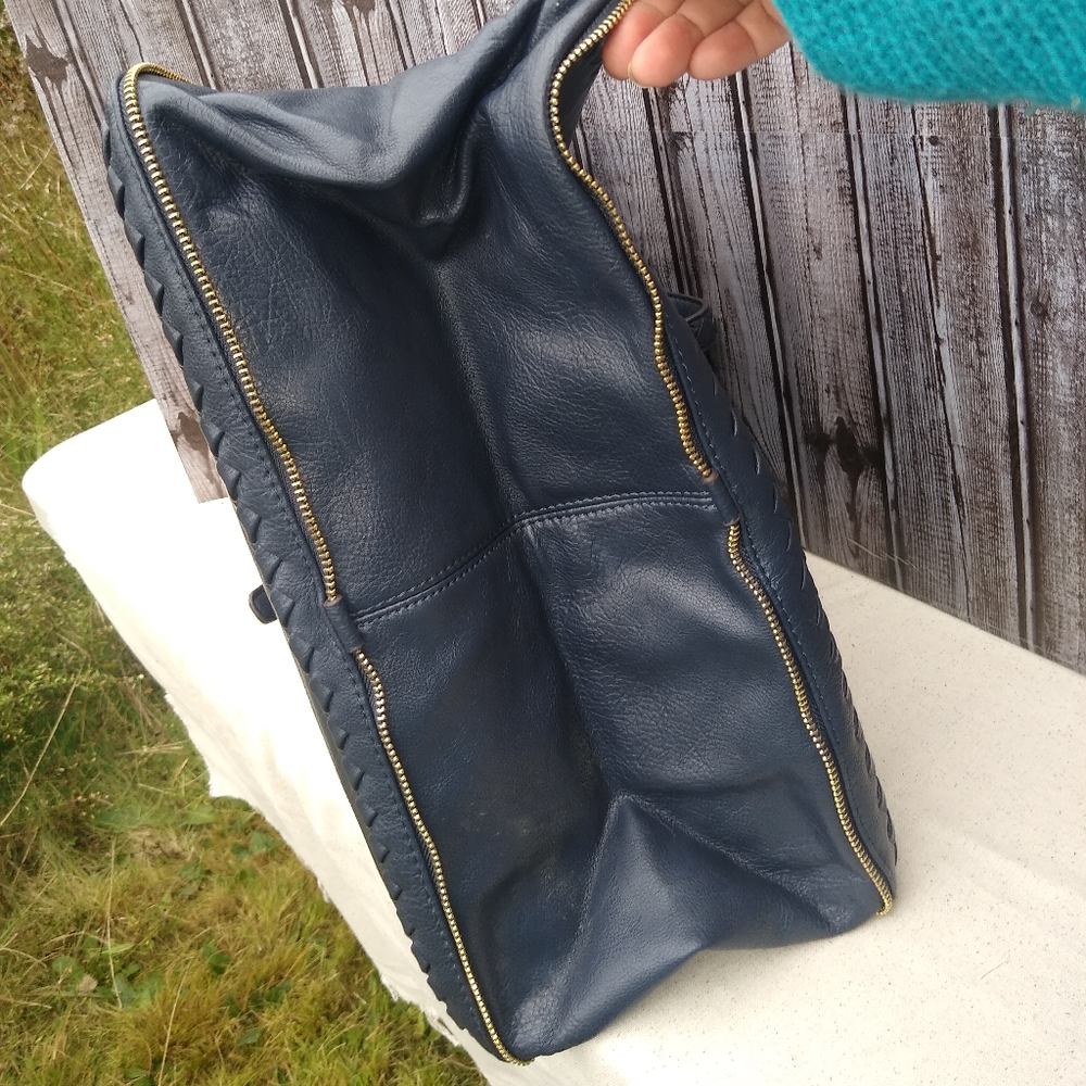Leather Messenger Tote Bag Expandable Convertible Bag Navy Blue - Picture 9 of 16